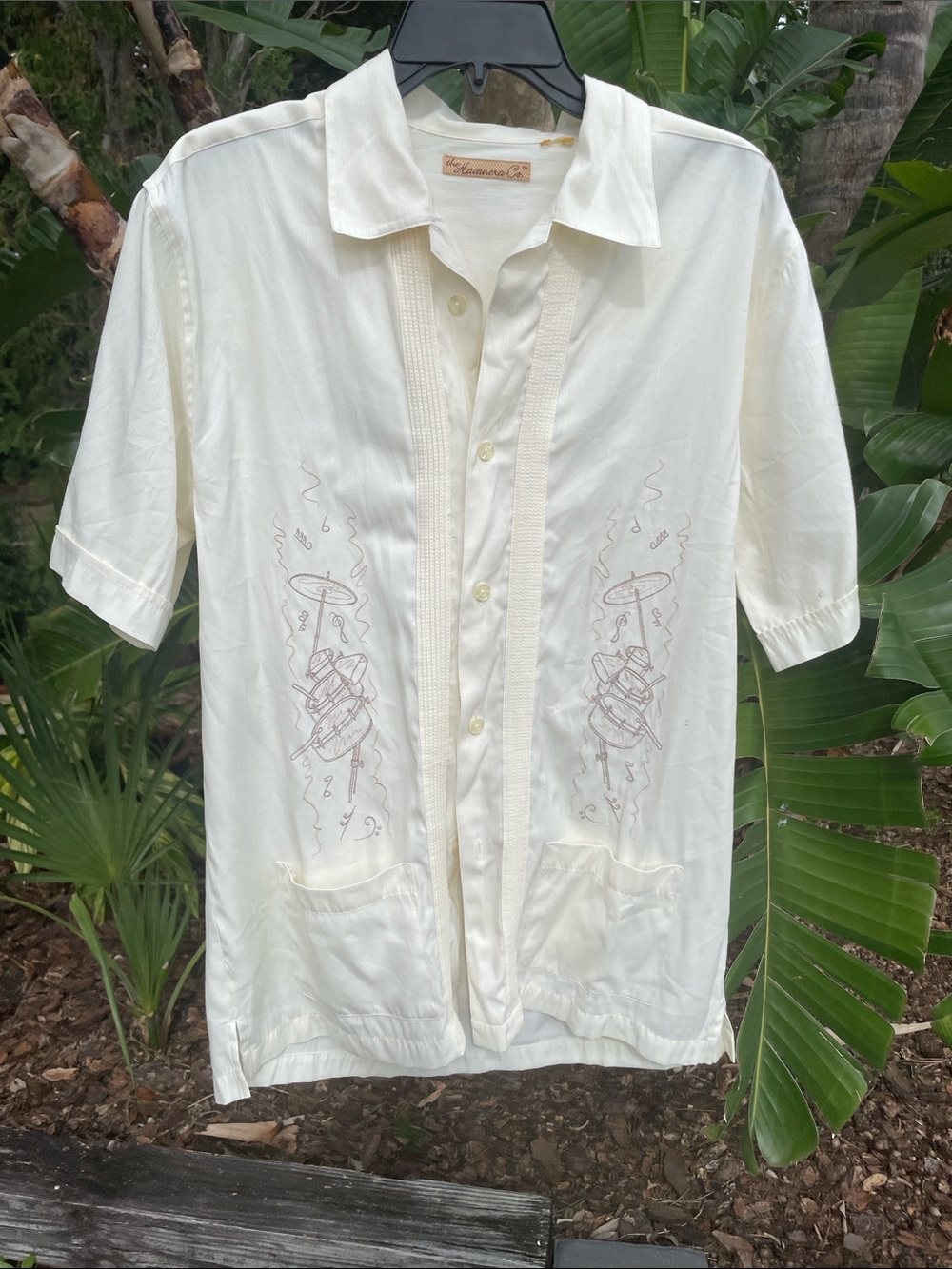 Vintage Cream Embroidered Short-Sleeve Gubera shirt with percussion instruments